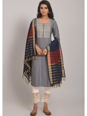 Grey Readymade Embroidered Pant Style Suit