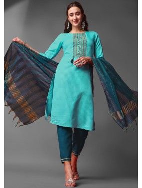 Turquoise Readymade Embroidered Pant Suit Set