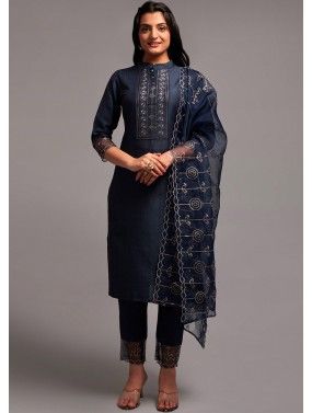 Navy Blue Embroidered Readymade Pant Style Suit