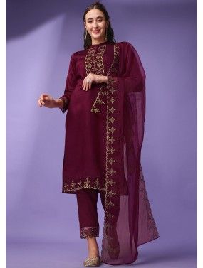 Readymade Wine Embroiedred Pant Style Suit