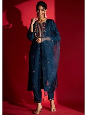 Readymade Teal Blue Embroidered Pant Suit Set