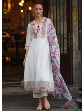 Readymade White Embroidered Pant Suit In Chanderi