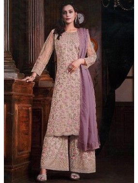 Pale Pink Embroidered Net Palazzo Suit Set