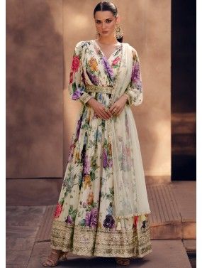 Cream Readymade Floral Print Anarkali Suit & Dupatta