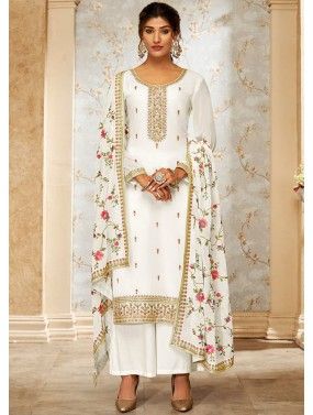 White Embroidered Suit Set In Georgette