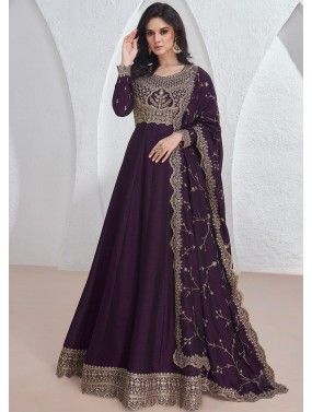 Purple Anarkali Suit Set In Chiffon