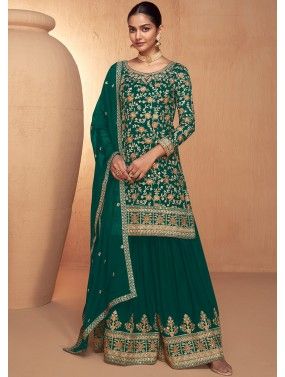 Readymade Green Embroidered Sharara Style Suit