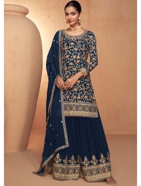 Navy Blue Embroidered Readymade Sharara Suit