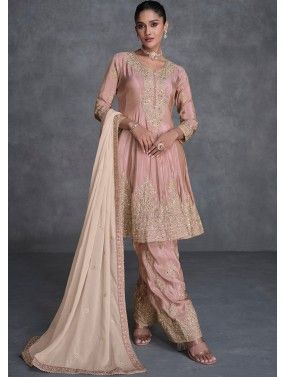 Readymade Peach Embroidered Flared Palazzo Suit Set