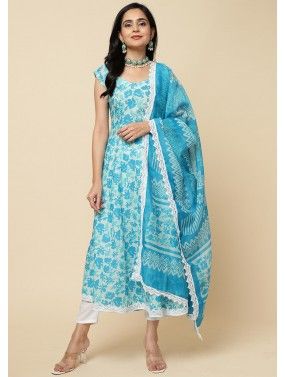 Blue Printed Suit Set In Cotton