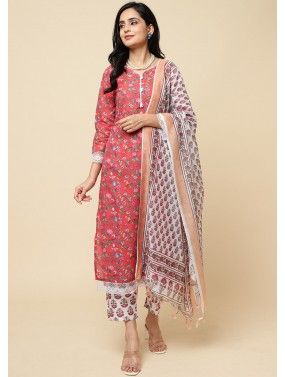 Red Printed Suit Set In Cotton