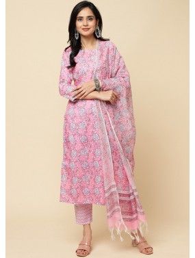 Pink Printed Suit Set In Cotton