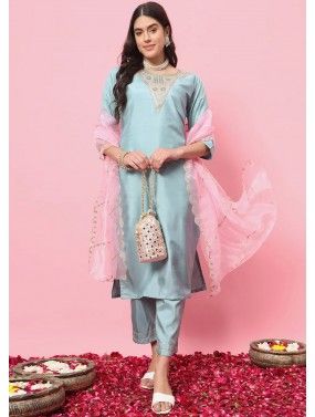Readymade Blue Embroidered Silk Blend Pant Suit