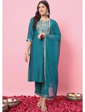 Teal Blue Readymade Art Silk Pant Suit In Thread Embroidery