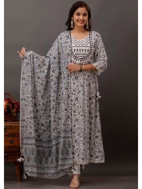 Grey & White Readymade Printed Pant Suit In Cotton