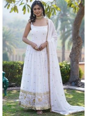 White Readymade Embroidered Georgette Anarkali Suit