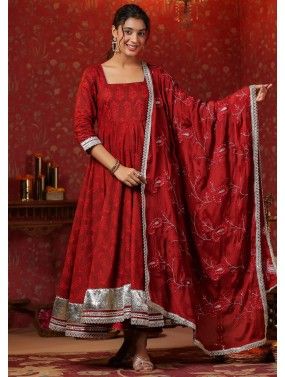 Readymade Maroon Printed Anarkali Suit In Cotton