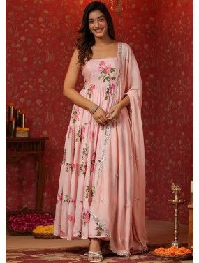 Pink Readymade Tiered Anarkali Suit In Floral Print