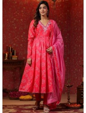 Pink Readymade Bandhej Printed Anarkali Style Suit