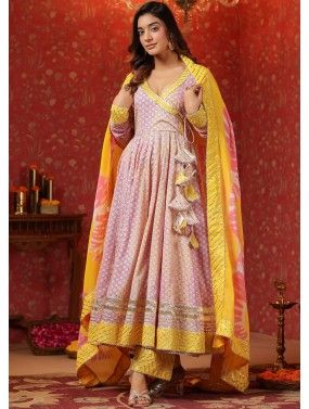 Pink Floral Printed Anarkali Suit Set In Cotton