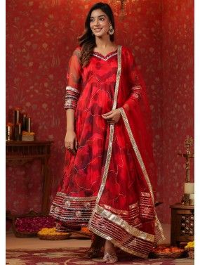 Red Printed Anarkali Suit Set In Organza