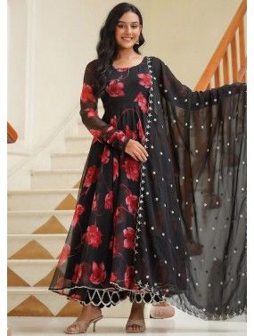 Black Floral Printed Anarkali Suit Set