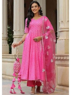 Pink Printed Anarkali Suit Set In Cotton