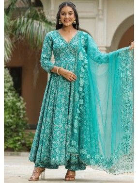Blue Printed Anarkali Suit Set In Cotton