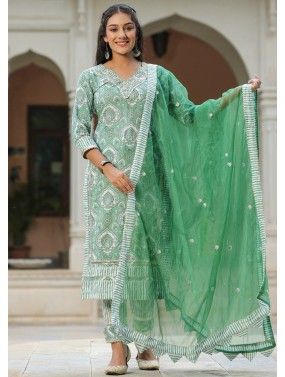 Green Digital Printed Readymade Cotton Pant Suit