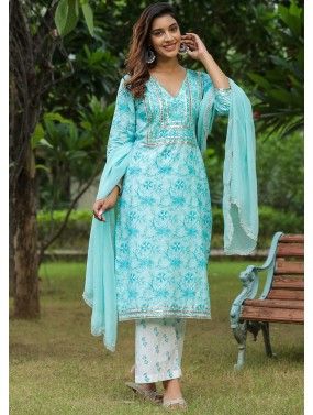 Light Blue Digital Printed Readymade Pant Suit In Cotton