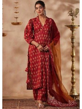 Maroon Readymade Cotton Pant Suit In Digital Print