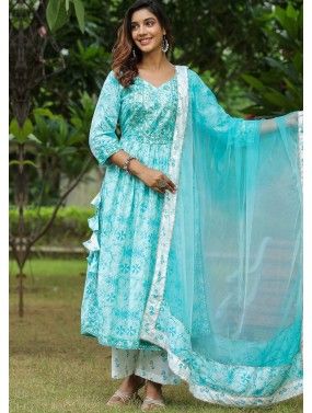 Turquoise Digital Printed Cotton Readymade Anarkali Suit