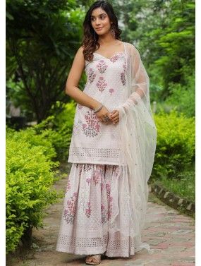 Off White Printed Readymade Gharara Suit In cotton