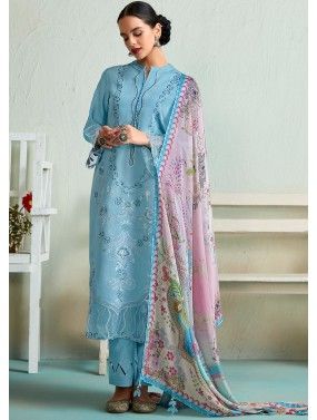 Blue Embroidered Pant Suit Set In Cotton