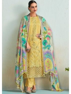 Yellow Embroidered Pant Suit Set In Cotton