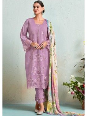 Purple Embroidered Pant Suit Set In Cotton