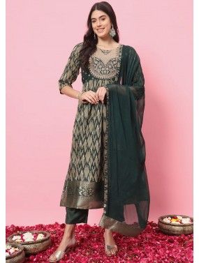 Green Printed Readymade Pant Suit Set
