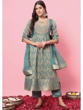 Blue Printed Readymade Pant Suit Set