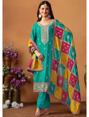 Turquoise Embroidered Chiffon Pant Suit