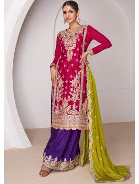 Readymade Pink Embroidered Palazzo Suit In Chiffon