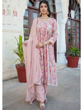 Mauve Pink Readymade Printed Anarkali Suit In Cotton