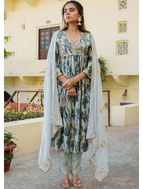 Grey Readymade Cotton Anarkali Suit In Digital Print