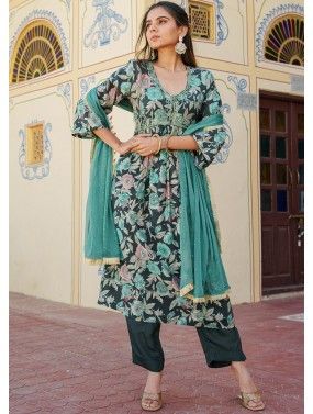 Green Readymade Cotton Digital Printed Anarkali Suit Set