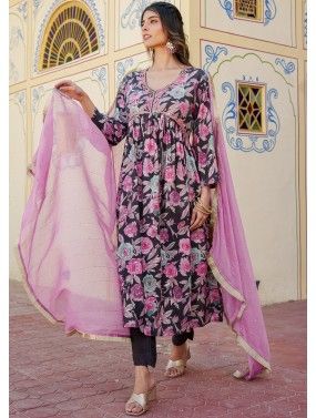 Pink Readymade Digital Printed Cotton Anarkali Suit