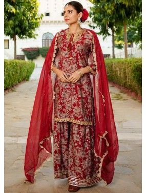 Readymade Cotton Printed Sharara Suit In Red