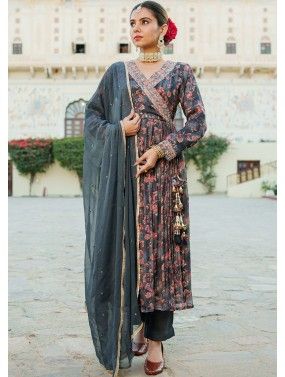 Dark Grey Readymade Printed Anarkali Suit In Chiffon