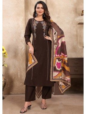 Brown Embroidered Pant Suit Set