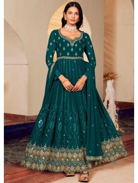 Green Thread Embroidered Anarkali Suit In Georgette