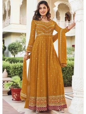Yellow Georgette Anarkali Suit In Thread Embroidery
