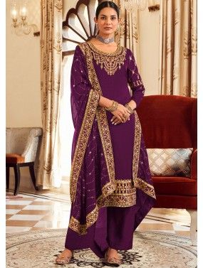 Purple Embroidered Pant Suit In Art Silk